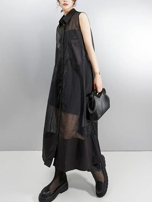CM-DT427899 Women Elegant Seoul Style Collar Neckline Sleeveless Organza Vest Loose Fit Dress - Black