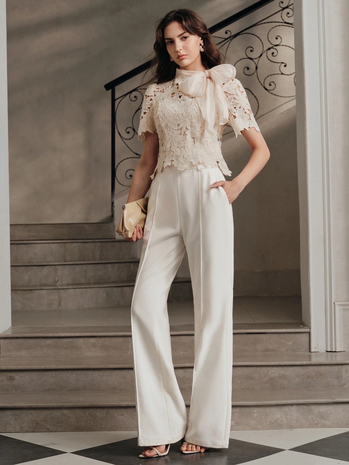 CM-TS163047 Women Elegant Seoul Style Tie Neck Puff Sleeve Hollow Lace Bowknot Blouse - Apricot