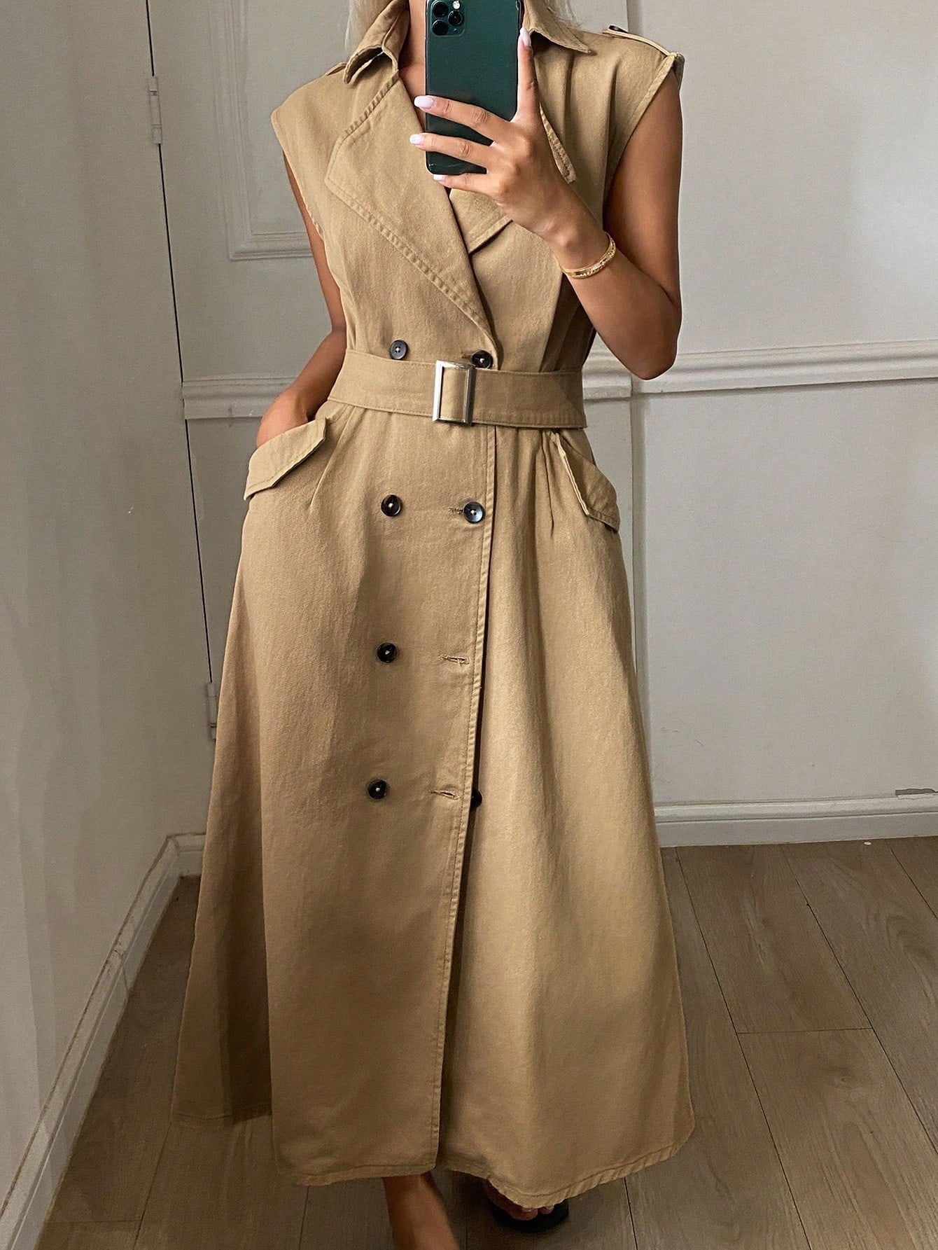 CM-DS808947 Women Casual Seoul Style Lapel Collar Double-Breasted Sleeveless Cinched Waist Denim Dress - Khaki