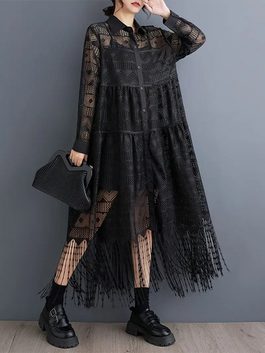 CM-DT294481 Women Casual Seoul Style Lapel Neckline See-Through Hollow Tassel Long Dress - Black