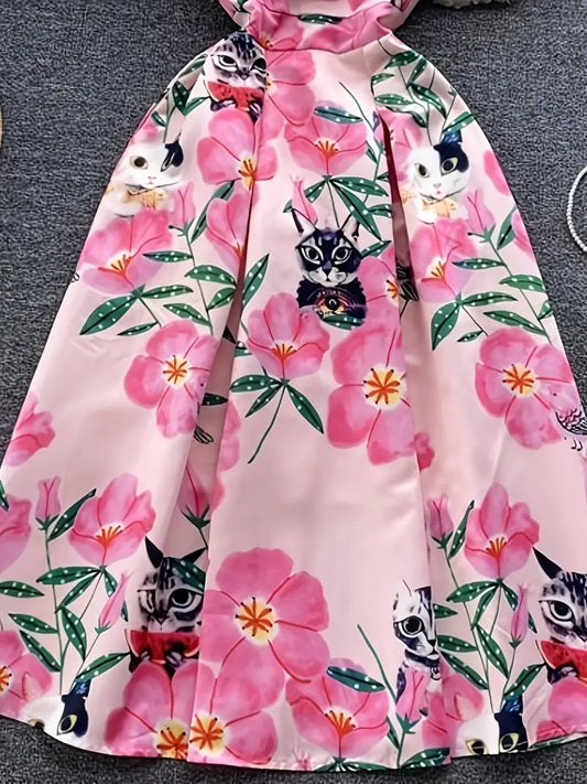 CM-DT690653 Women Elegant Seoul Style Floral Print Round Neck Sleeveless High Waist A-Line Dress - Pink