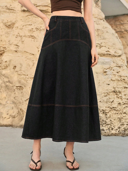 CM-BS379435 Women Casual Seoul Style Mid Waist Slant Pocket A-Line Long Denim Skirt - Black