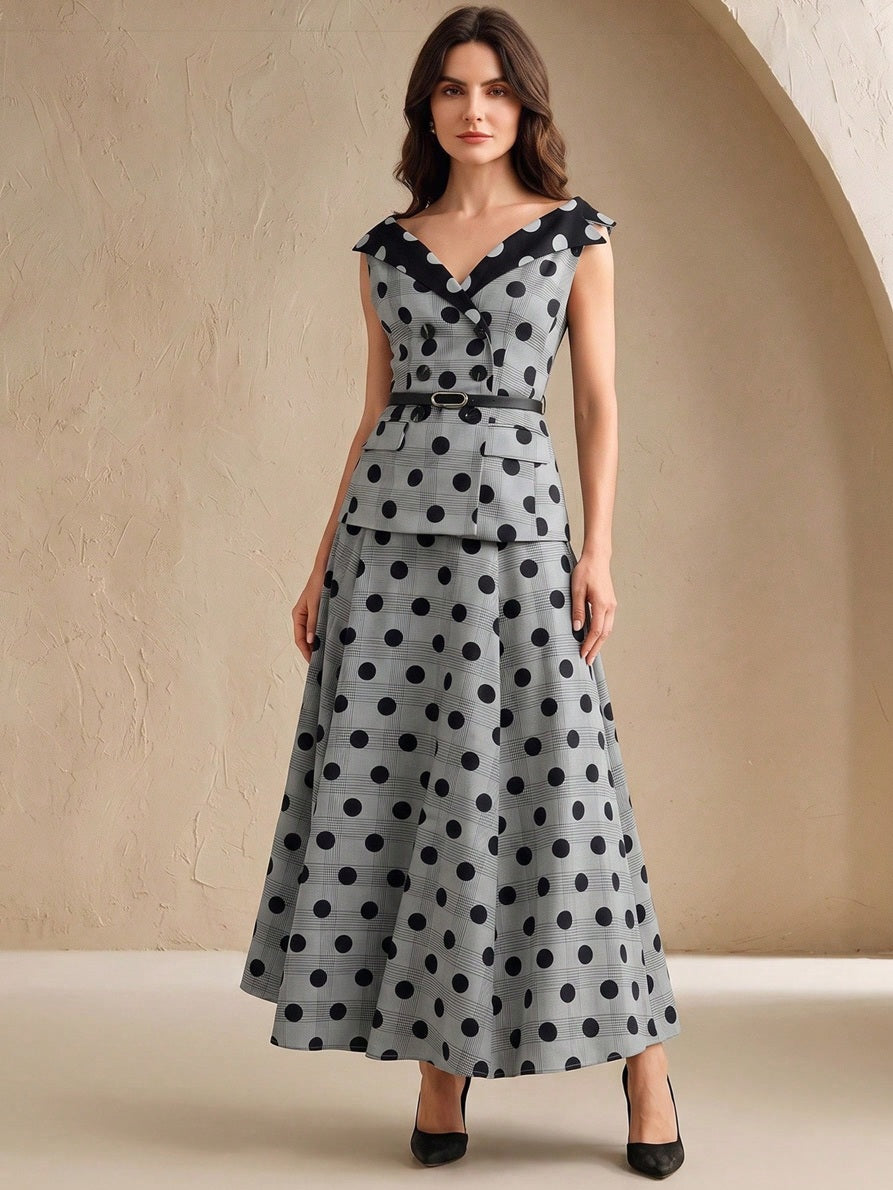 CM-SS819345 Women Elegant Seoul Style Contrast Color V-Neck Sleeveless Polka Dot Print Blouse With Long Skirt - Set