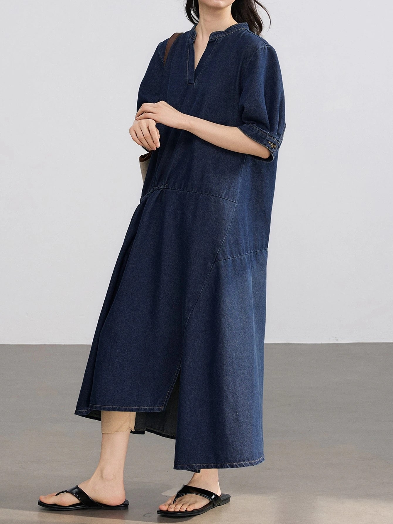 CM-DS713000 Women Casual Seoul Style Darl Wash Collared Long Sleeve Button-Up Cinched Waist Denim Dress