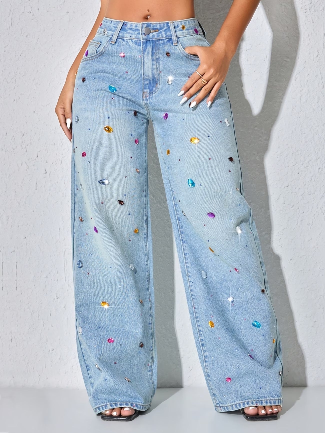 CM-BT518519 Women Casual Seoul Style Rhinestone Embroidery Wide Leg Denim Pants - Blue