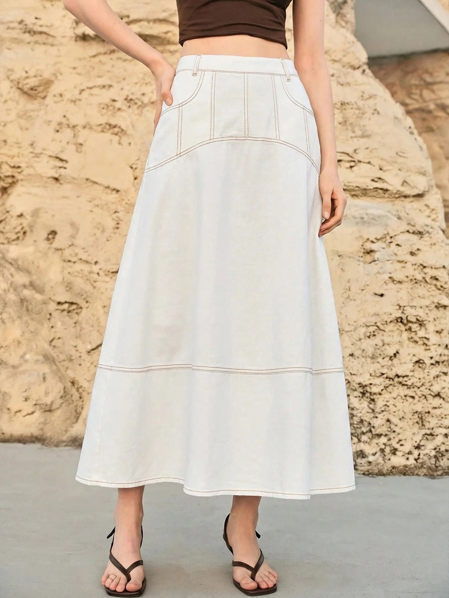 CM-BS304200 Women Casual Seoul Style Mid Waist Slant Pocket A-Line Long Denim Skirt - White