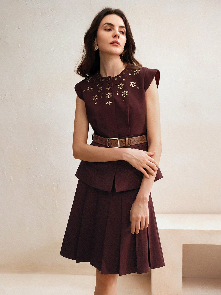 CM-SS912249 Women Elegant Seoul Style Round Neck Cap Sleeve Waist Belt Pleated Embellished Top With Midi Skirt - Set