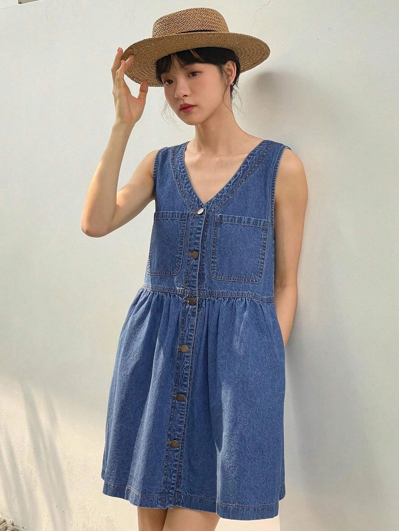 CM-DS941911 Women Preppy Seoul Style Medium Wash Button Front Denim Dress