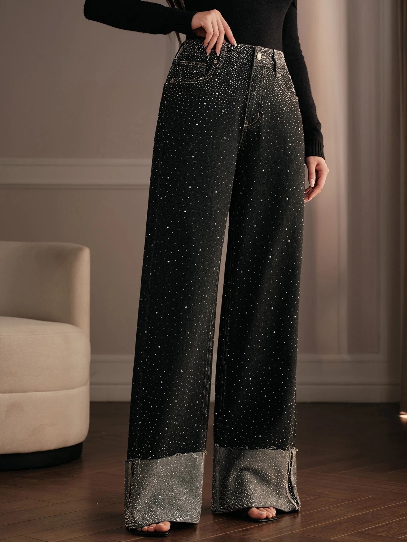 CM-BS792032 Women Elegant Seoul Style Mid Waist All Over Rhinestone Extra Long Wide Leg Denim Jeans - Black