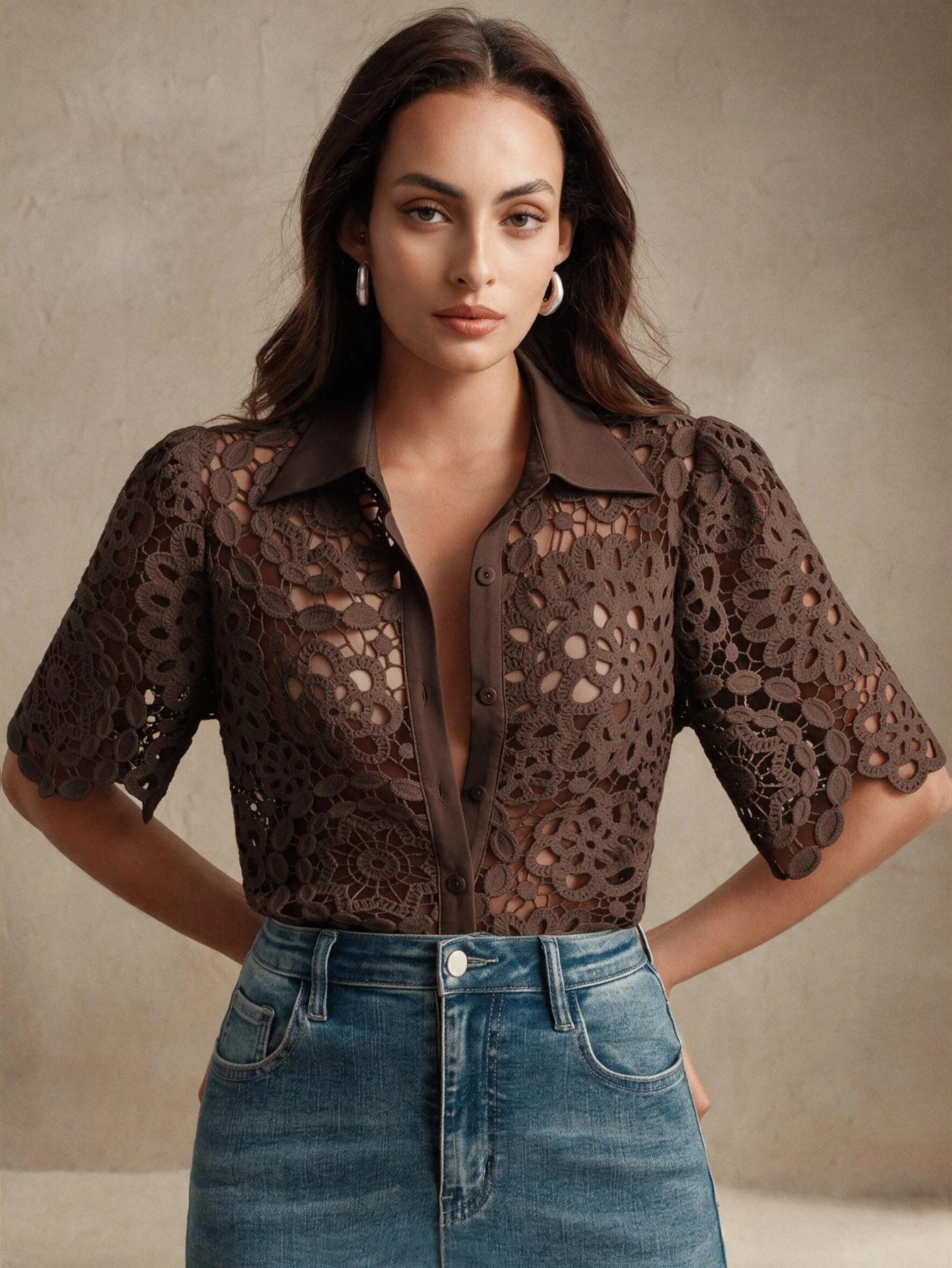 CM-TS770735 Women Casual Seoul Style Collar Neckline Half Sleeve Floral Hollow Out Lace Shirt Blouse - Coffee Brown