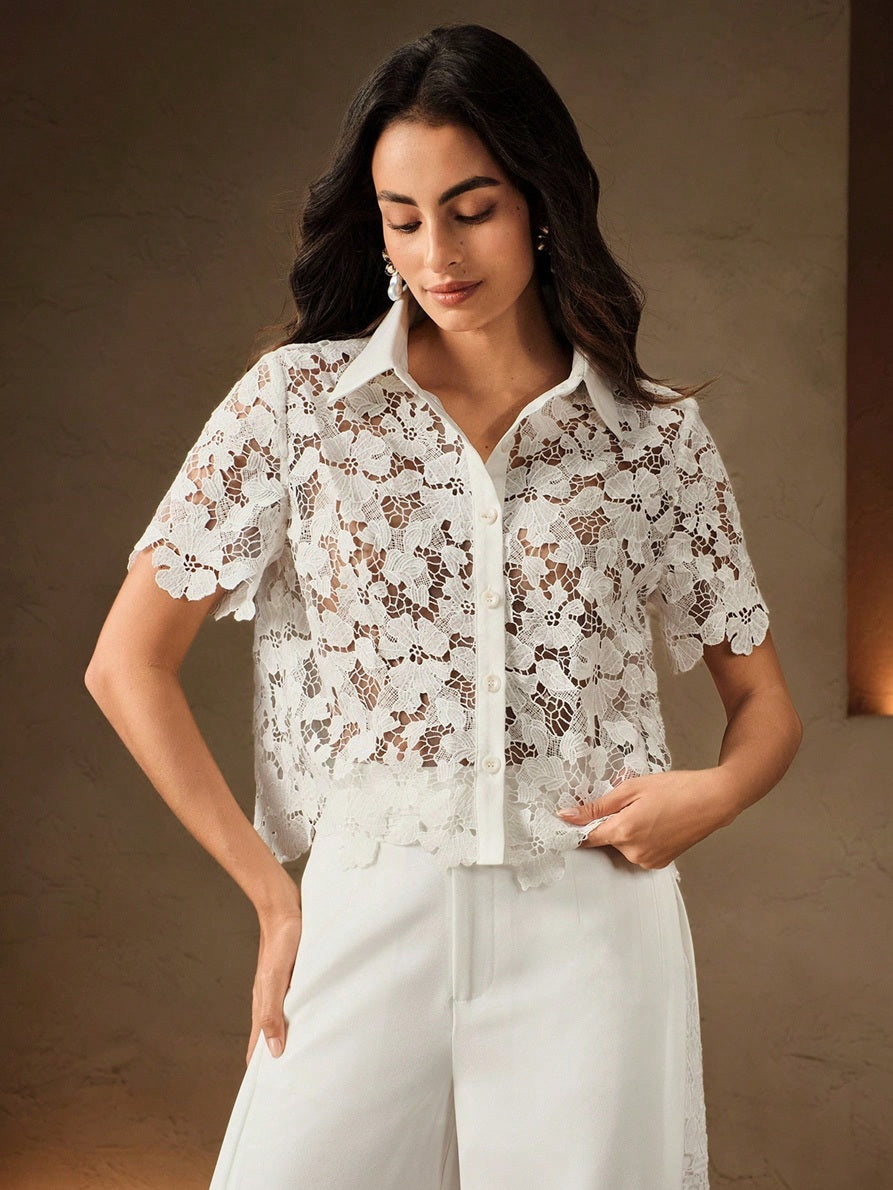 CM-TS613219 Women Elegant Seoul Style Sheer Embroidery Hollow Floral Polo Collar Open Front Blouse - White