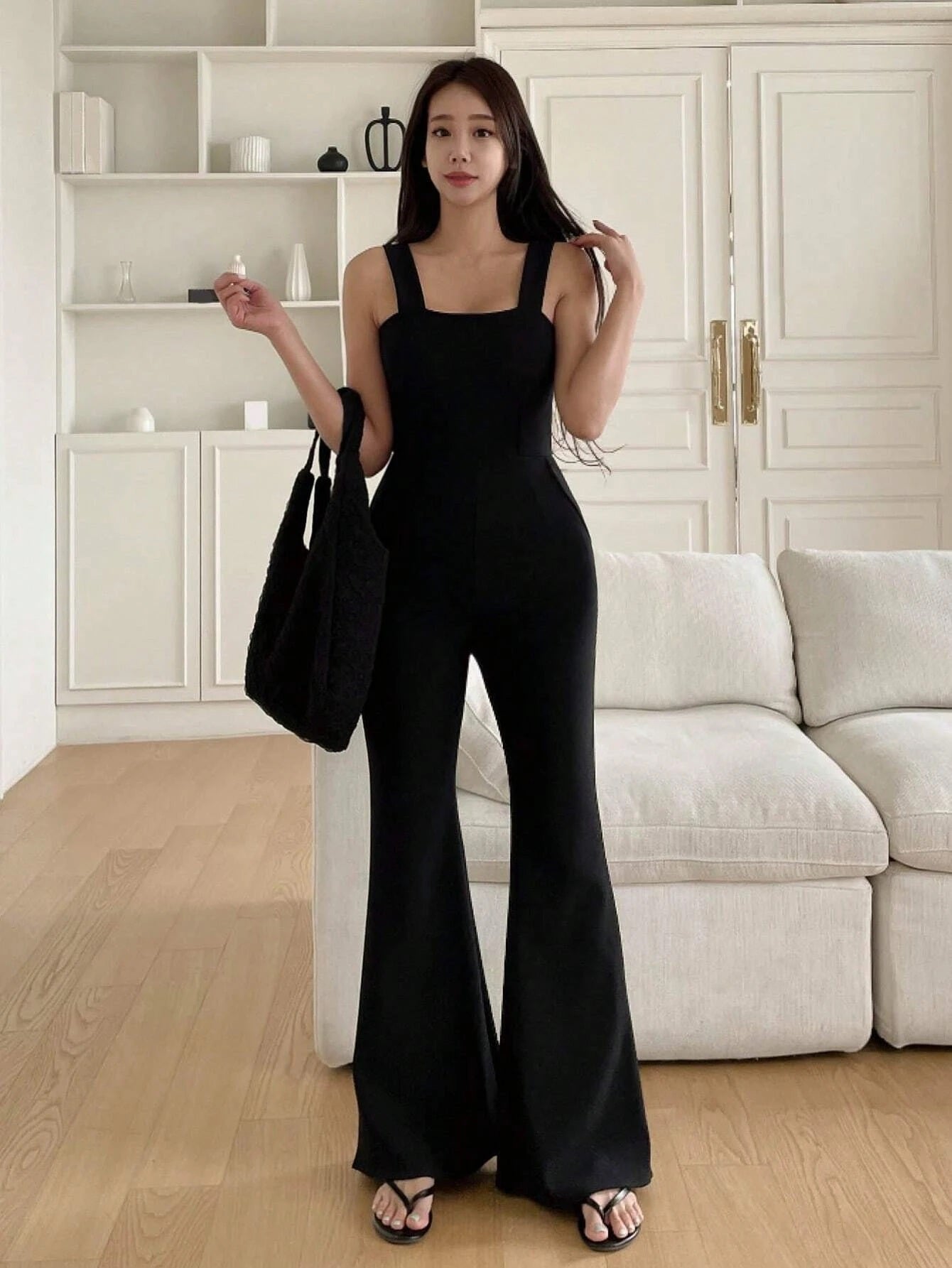 CM-JS241738 Women Elegant Seoul Style Solid Flare Leg Cami Jumpsuit - Black