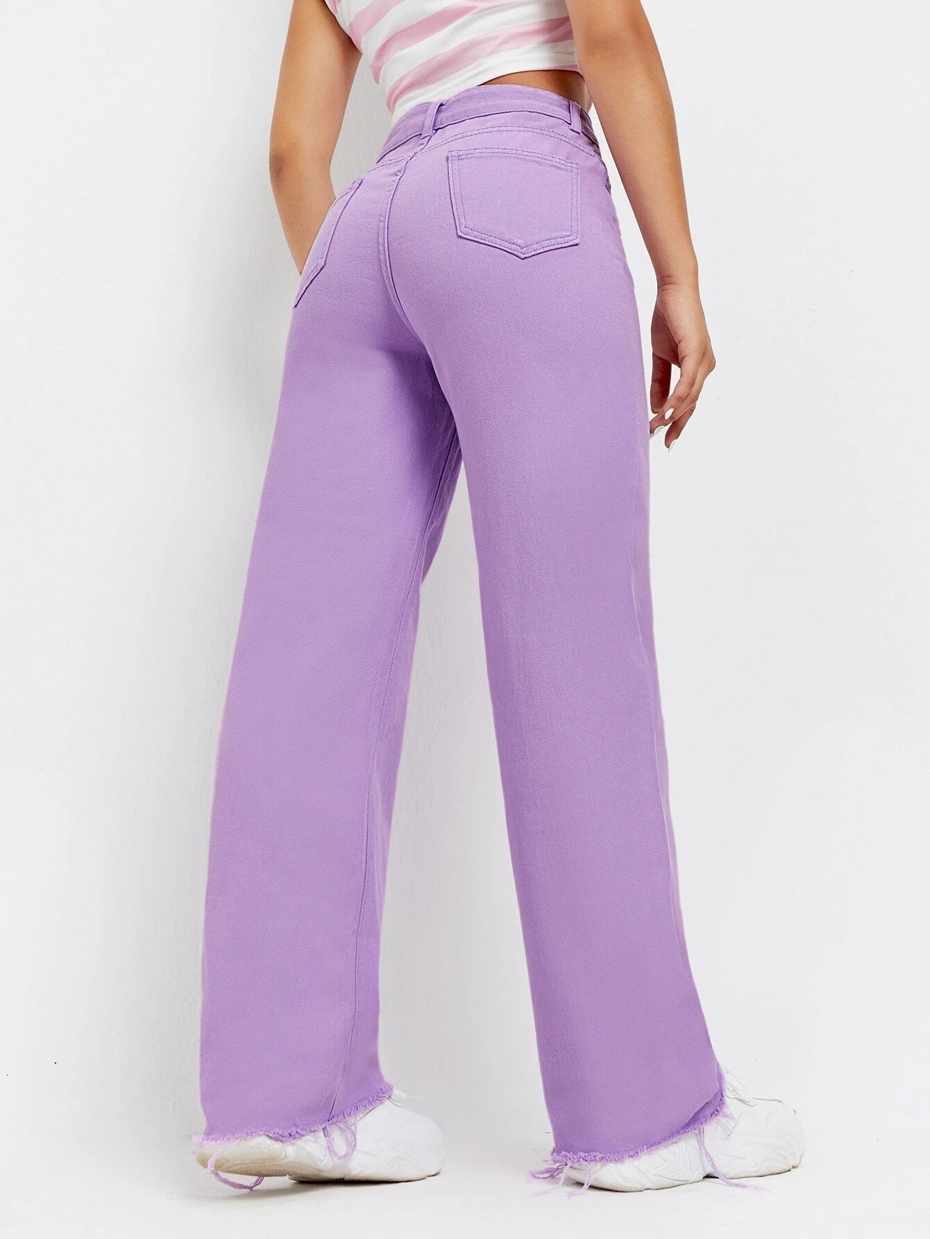 CM-BS421981 Women Casual Seoul Style High Waist Raw Hem Wide Leg Jeans - Purple