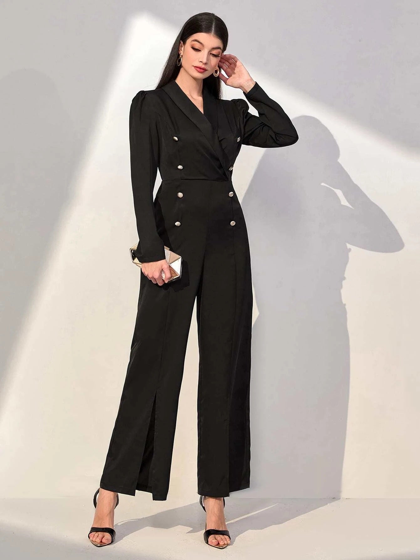 CM-JS042862 Women Elegant Seouol Style Shawl Neck Puff Sleeve Double Breasted Split Hem Jumpsuit
