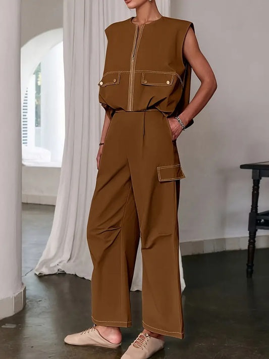 CM-ST460904 Women Elegant Seoul Style Solid Color Sleeveless V-Neck Button Details Drawstring Vest With Pants - Set