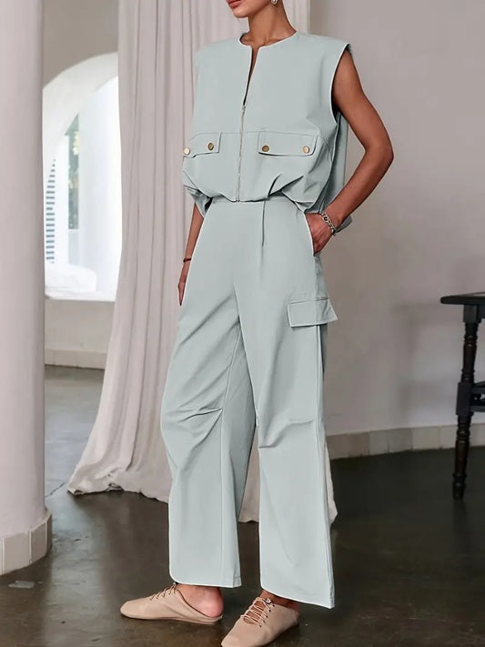 CM-ST460904 Women Elegant Seoul Style Solid Color Sleeveless V-Neck Button Details Drawstring Vest With Pants - Set