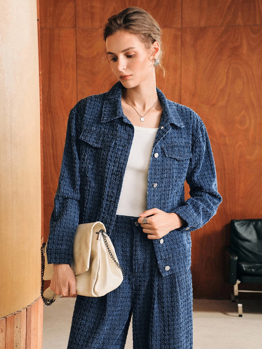 CM-CS340330 Women Elegant Seoul Style Collar Neckline Long Sleeve Single-Breasted Loose Denim Jacket - Navy Blue