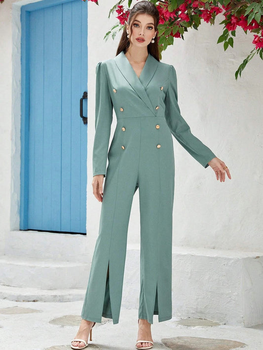 CM-JS799799 Women Elegant Seouol Style Shawl Neck Puff Sleeve Double Breasted Split Hem Jumpsuit