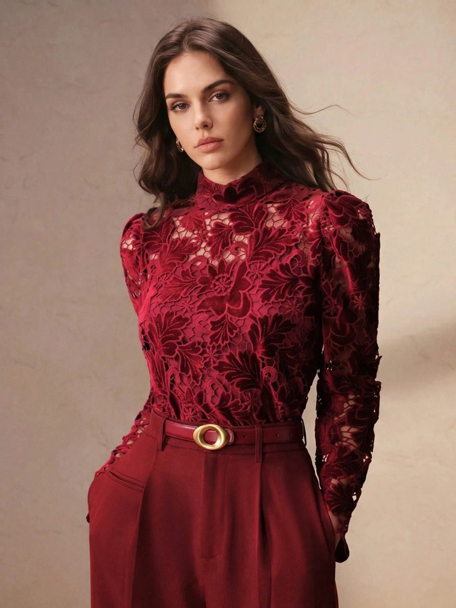 CM-TS198442 Women Elegant Seoul Style Stand Collar Long Sleeve Hollow-Out Burnout Top - Burgundy