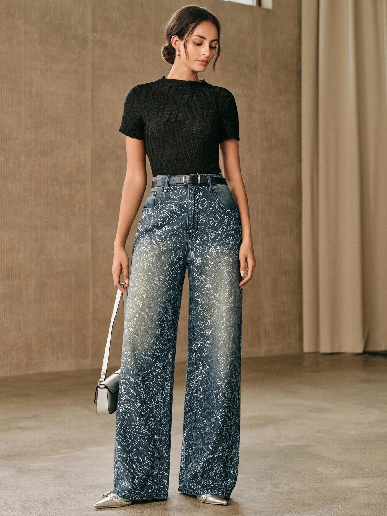 CM-BS596947 Women Elegant Seoul Style Mid Waist Embellished Floral Rhinestone Straight Leg Jeans - Blue