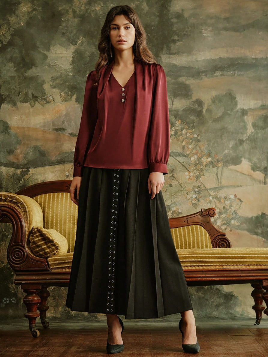 CM-SS488279 Women Elegant Seoul Style V-Neck Long Sleeve Top With Leather Strap Pleated Skirt - Set