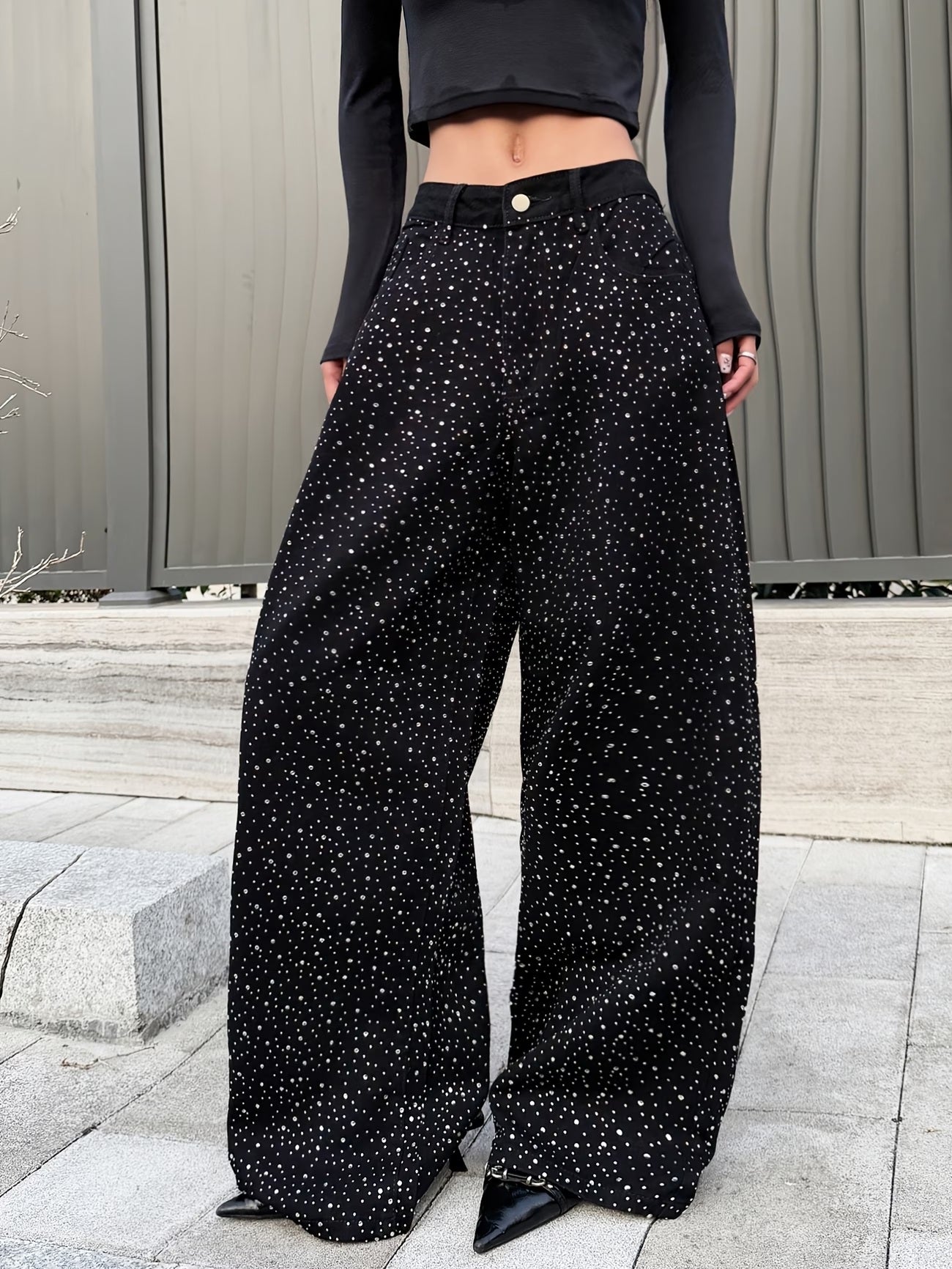 CM-BT984599 Women Elegant Seoul Style Sequined High-Waist Loose Wide Leg Jeans - Black