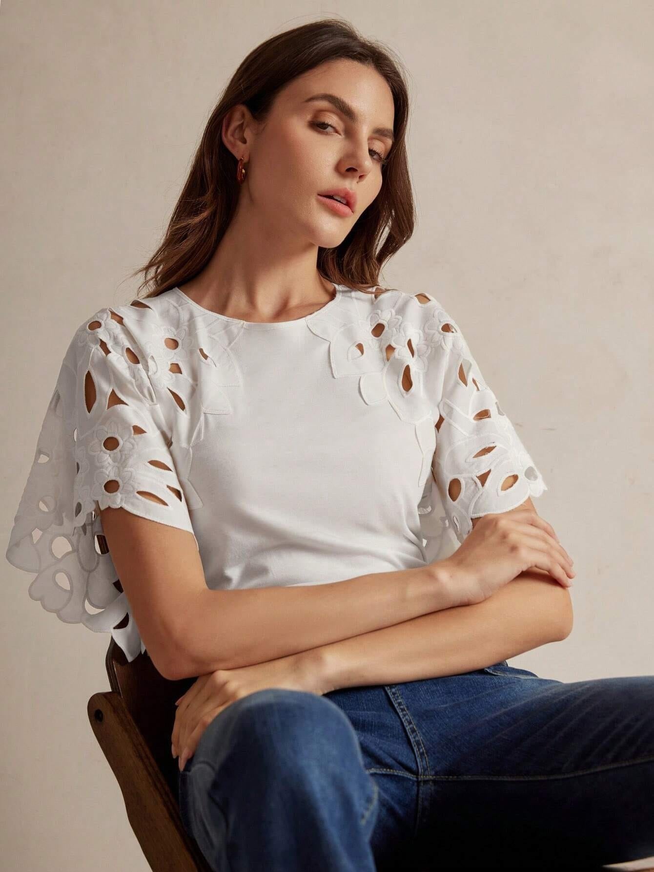 CM-TS186332 Women Casual Seoul Style Round Neck Batwing Sleeve Cut-Out T-Shirt - White