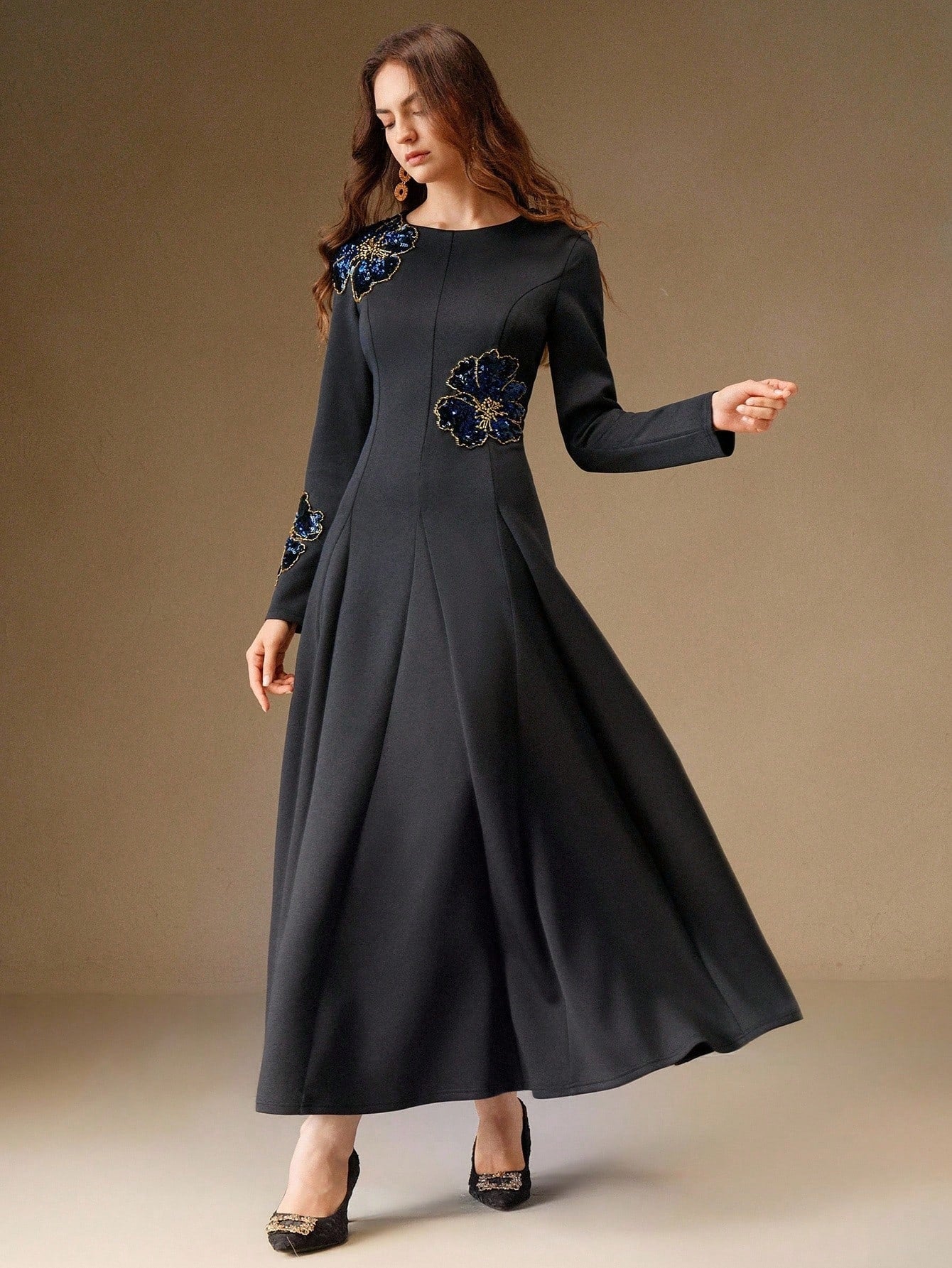 CM-DS316466 Women Elegant Seoul Style Round Neck Long Sleeve High Waist Beaded Floral Pattern Dress - Blue