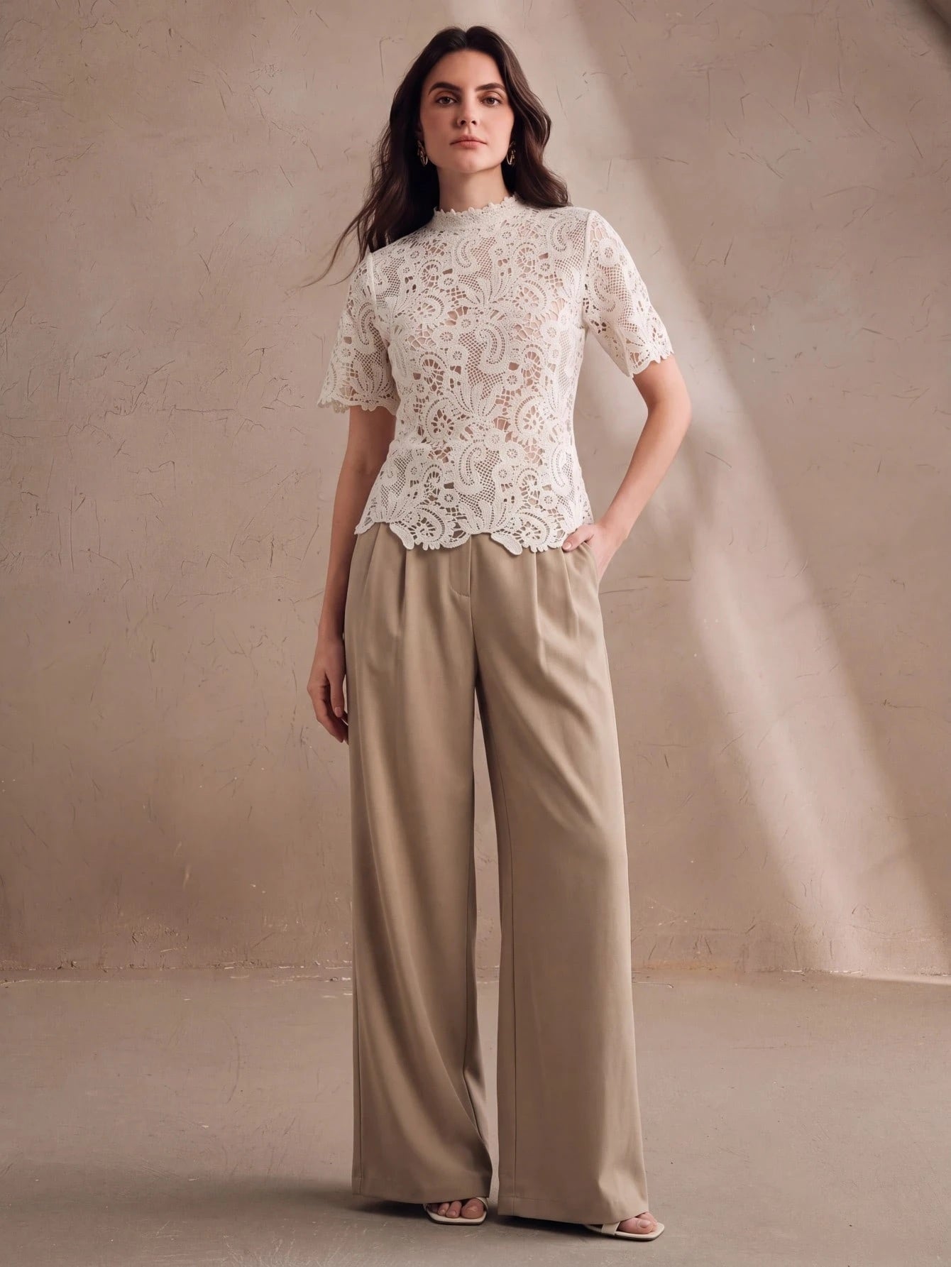CM-TS144957 Women Elegant Seoul Style Stand Collar Hollow Floral Short Sleeve Blouse - Apricot