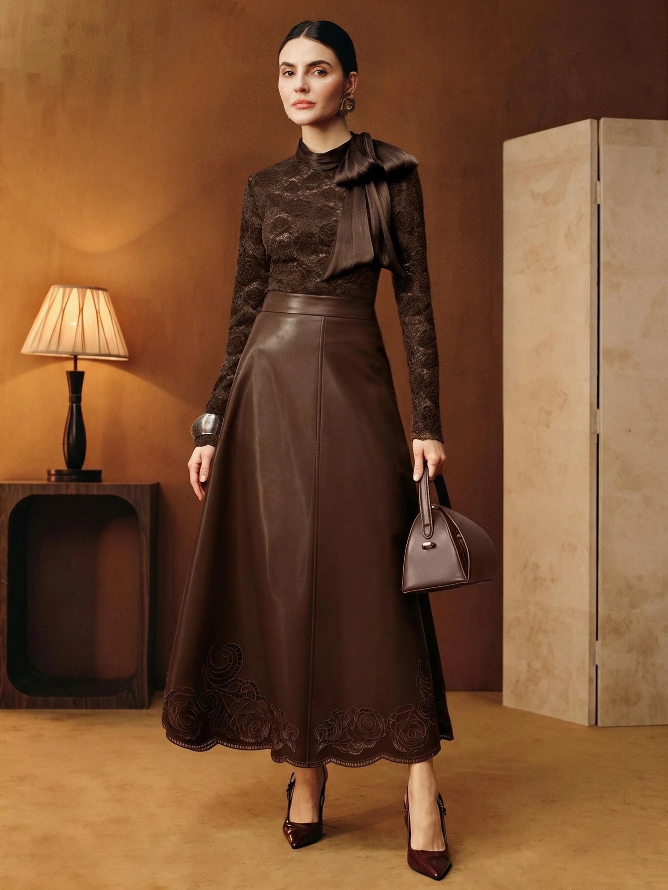 CM-TS166760 Women Elegant Seoul Style Stand Collar Long Sleeve Hollow Lace Rose Bow Top - Brown