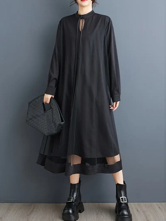 CM-DT757839 Women Elegant Seoul Style V-Neck Long Sleeve A-Line Flowy Midi Dress - Black