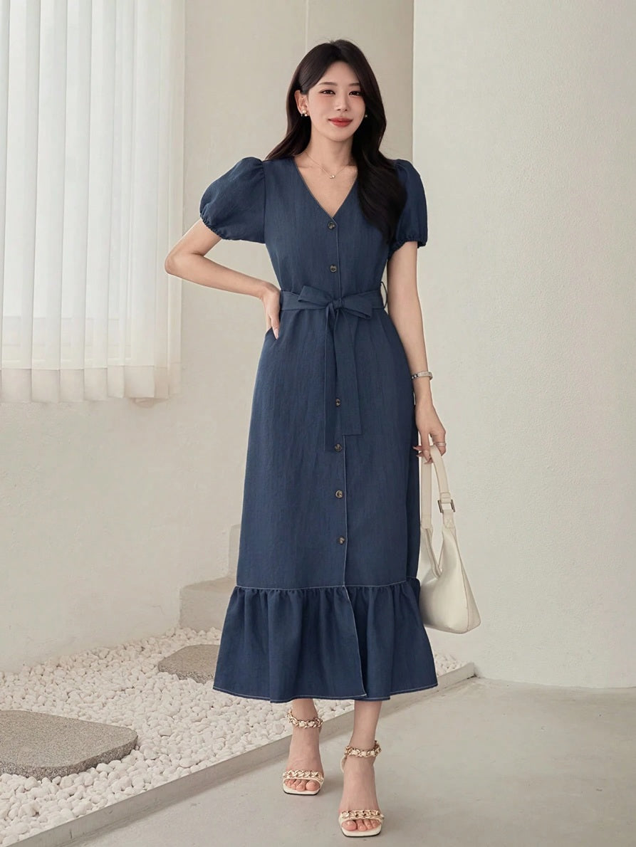 CM-DS294695 Women Casual Seoul Style V-Neck Puff Sleeve Ruffle Hem Cinched Waist Long Dress - Blue