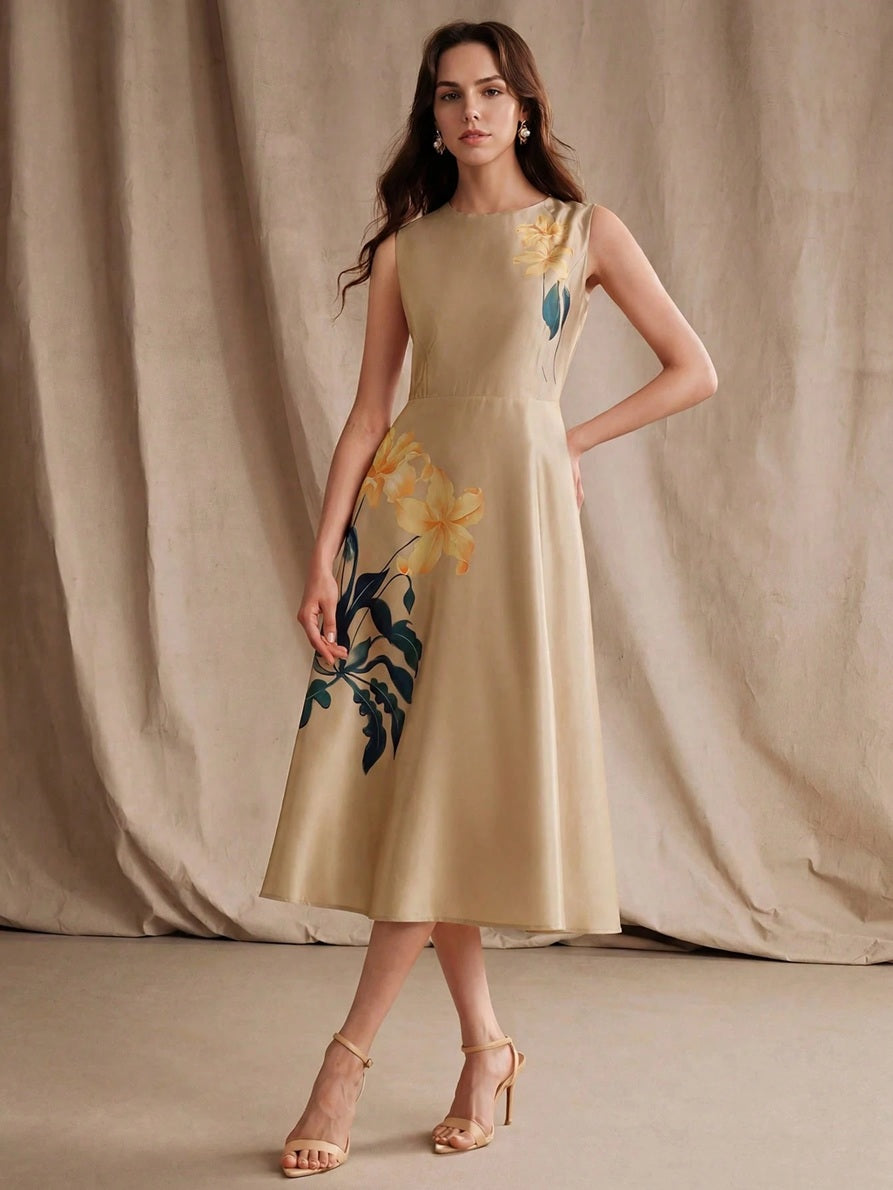 CM-DS128881 Women Elegant Seoul Style Round Neck Sleeveless Waist Cinched Floral Print A-Line Dress - Apricot