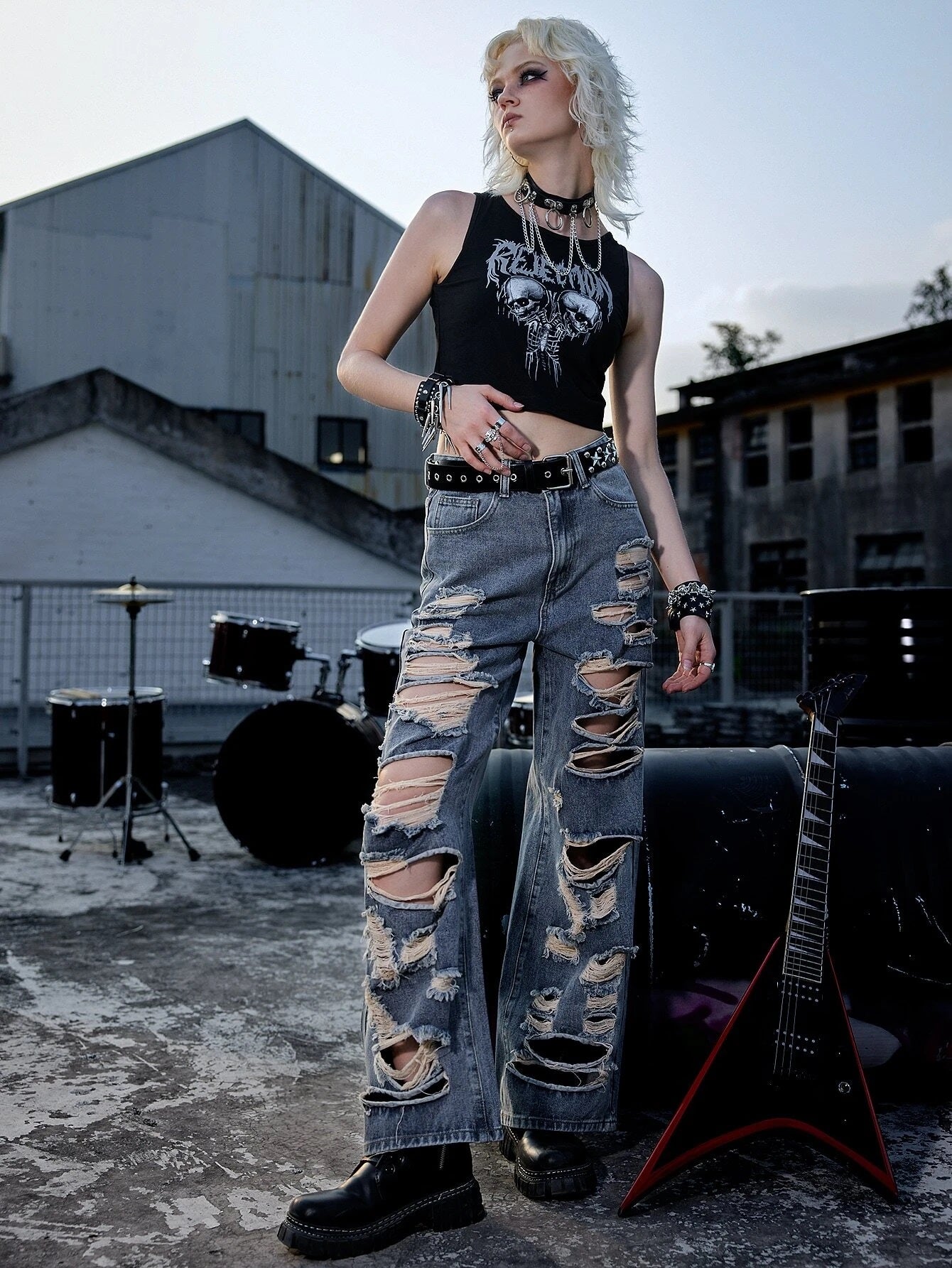 CM-BS274755 Women Preppy Seoul Style Dark Wash Punk Ripped Wide Leg Jeans
