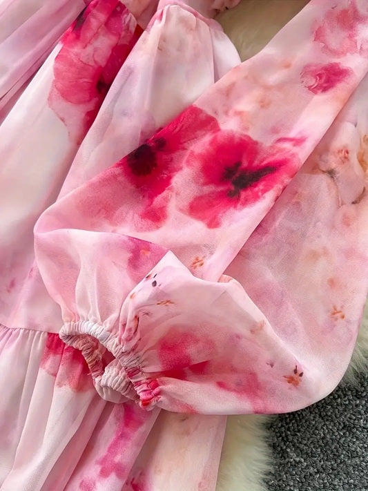 CM-DT346357 Women Trendy Bohemian Style Floral Print V-Neck Long Sleeve Maxi Dress - Pink