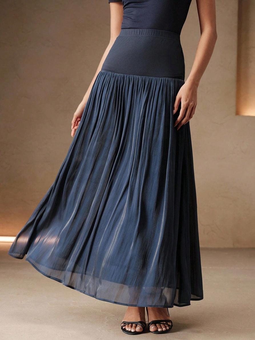 CM-BS089531 Women Elegant Seoul Style High Waist Patchwork Pleated A-Line Long Skirt - Navy Blue