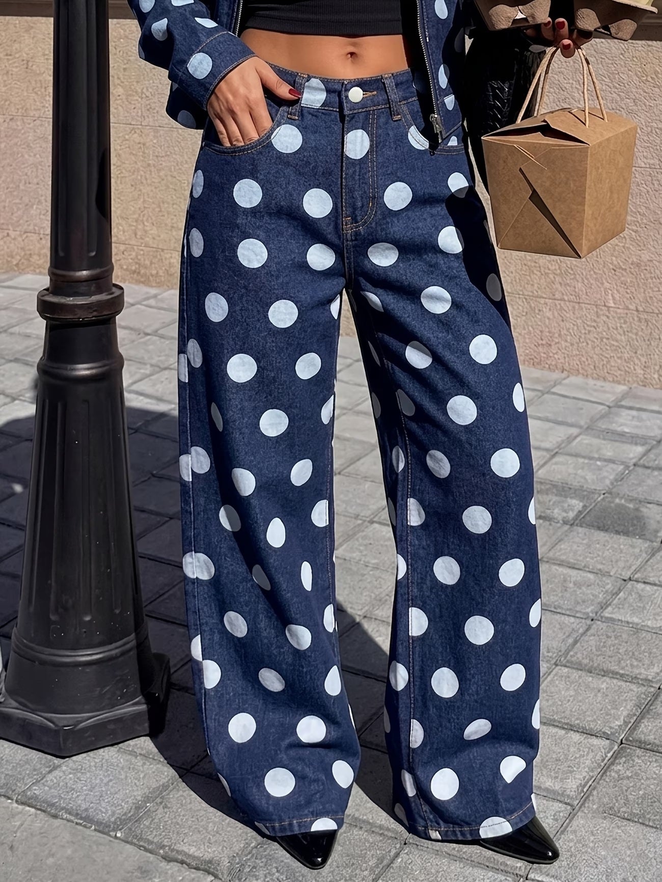 CM-BT786288 Women Casual Seoul Style High Waist Large Polka Dot Washed Wide Leg Denim Long Trousers - Deep Blue
