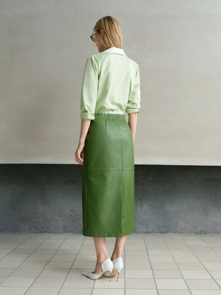 CM-BS339043 Women Elegant Seoul Style Mid Waist PU Leather Elastic Waist Split Hem Skirt - Green
