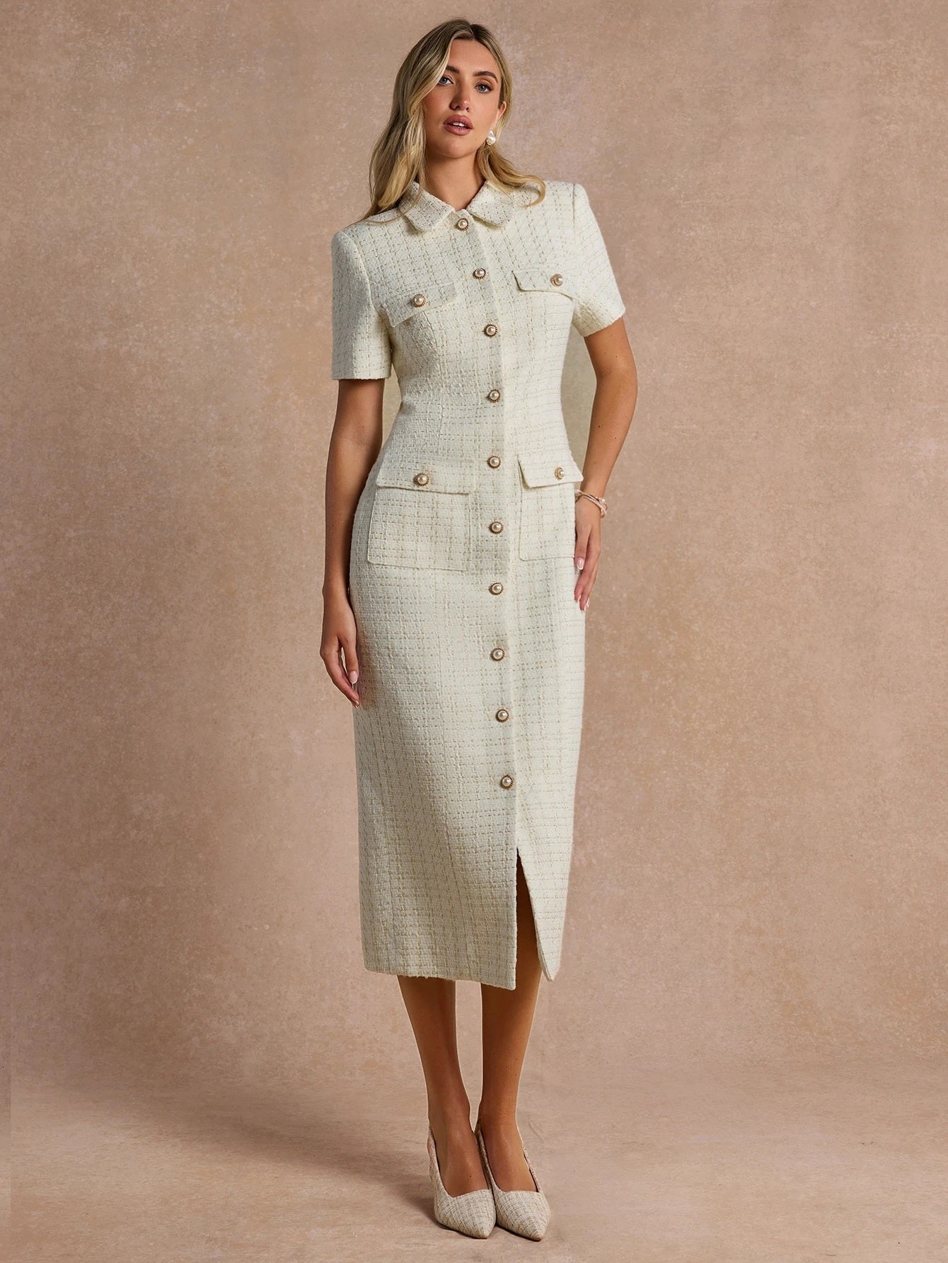 CM-DS977443 Women Elegant Seoul Style Collar Neckline Short Sleeve High Waist Sequin Tweed Midi Dress