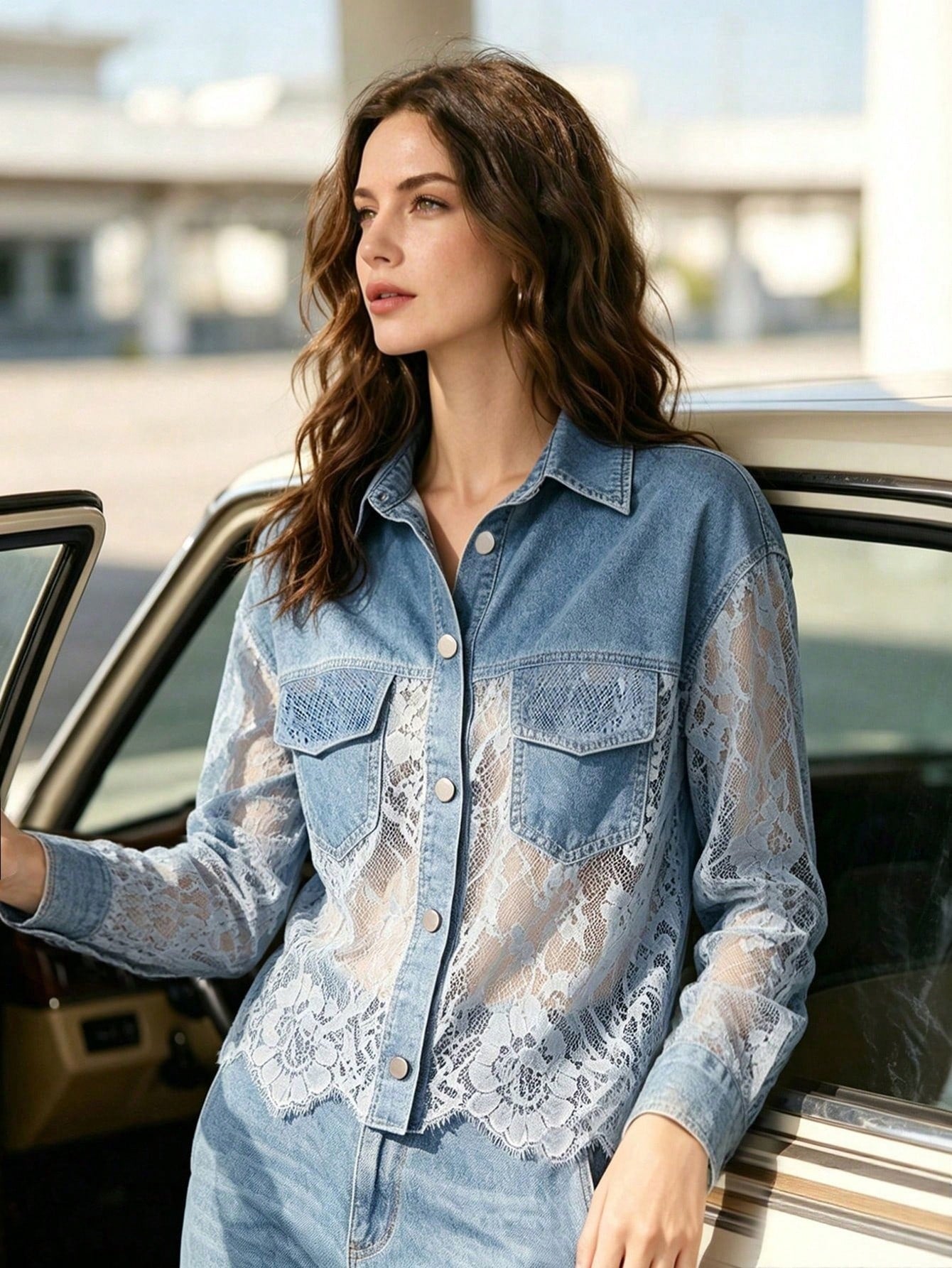 CM-TS847731 Women Elegant Seoul Style Shirt Collar Long Sleeve Lace Patchwork Asymmetrical Denim Short Top - Blue