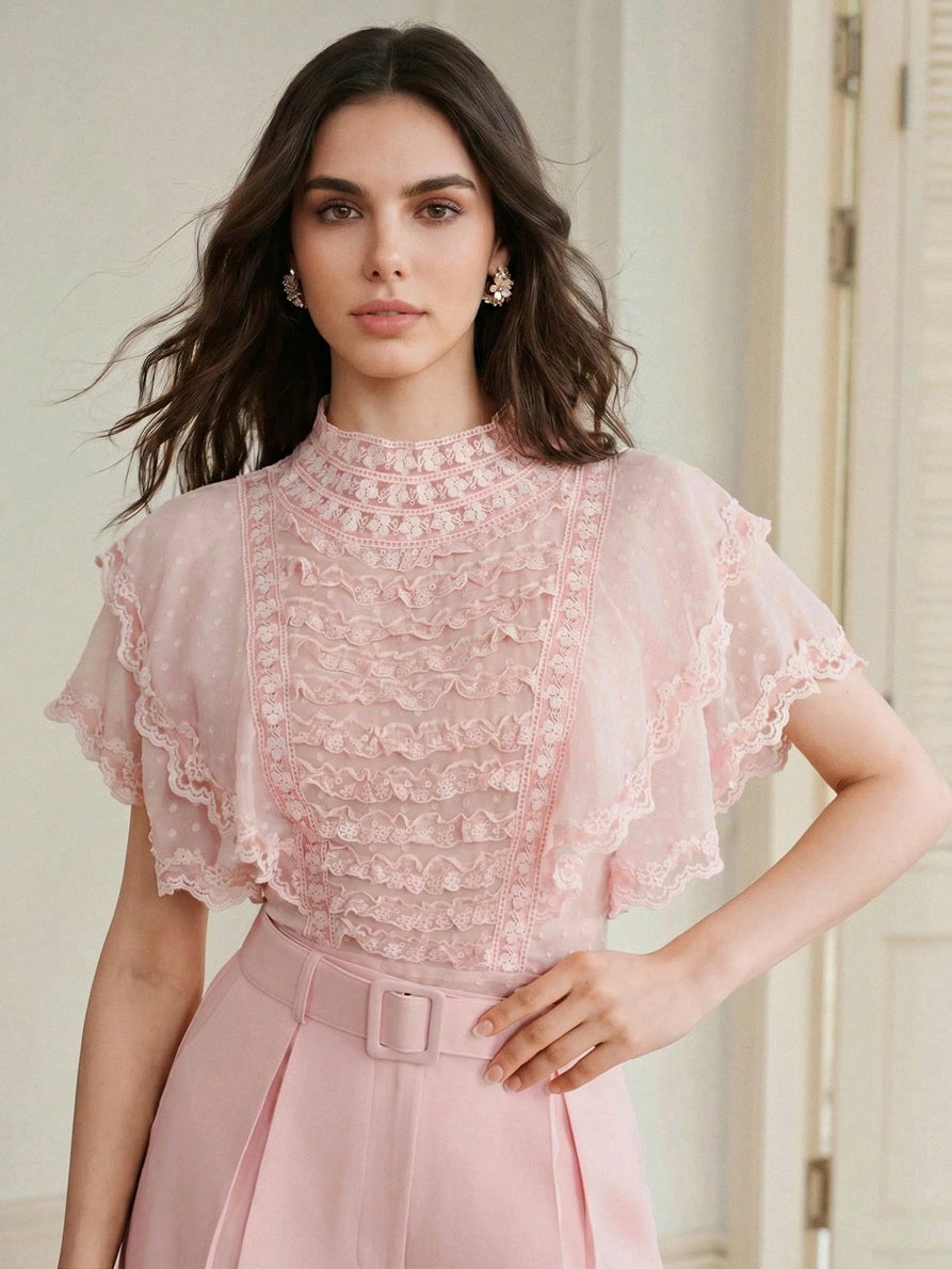 CM-TS161544 Women Elegant Seoul Style Cut-Out Chiffon Contrast Lace Trim Ruffle Short Sleeve Blouse - Pink