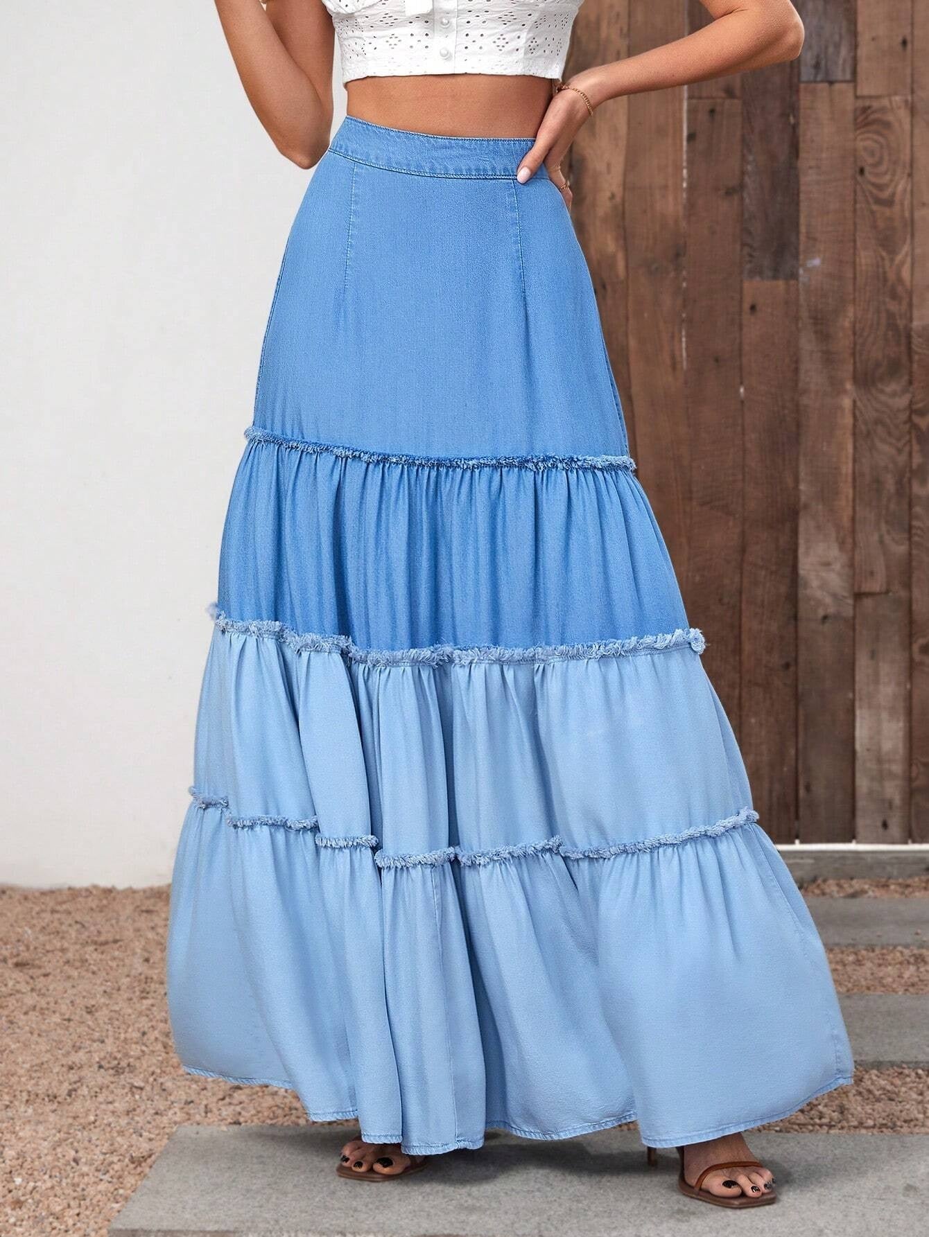 CM-BS286822 Women Casual Seoul Style Medium Wash High Waist Ruffle Hem Denim Skirt