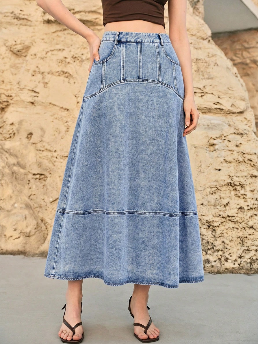 CM-BS315257 Women Casual Seoul Style Medium Wash Mid Waist Slant Pocket A-Line Long Denim Skirt
