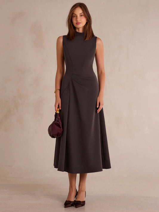 CM-DS718043 Women Elegant Seoul Style Stand Collar Asymmetrical Pleated Sleeveless Dress - Brown