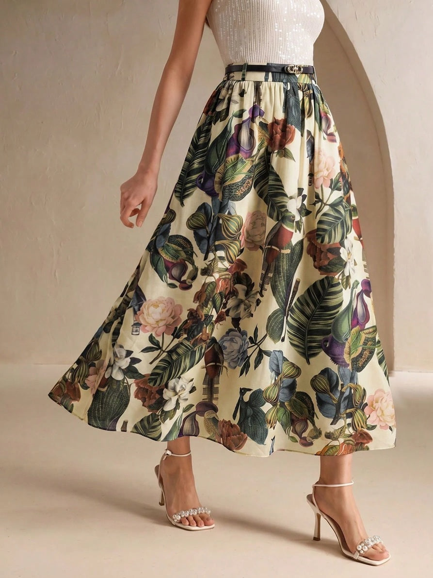 CM-BS340449 Women Elegant Seoul Style Floral Print High Waist A-Line Long Skirt With Belt