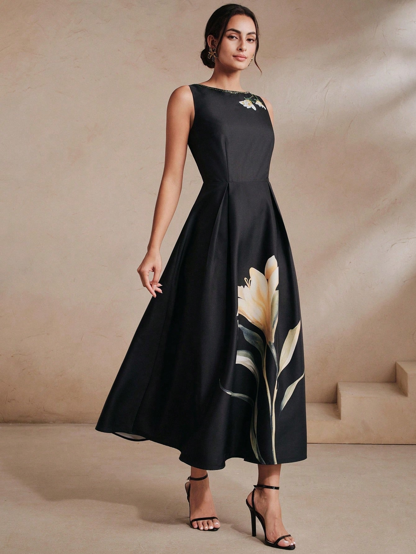 CM-DS039293 Women Elegant Seoul Style Round Neck Sleeveless Beaded Printed Mid-Length Dress - Black