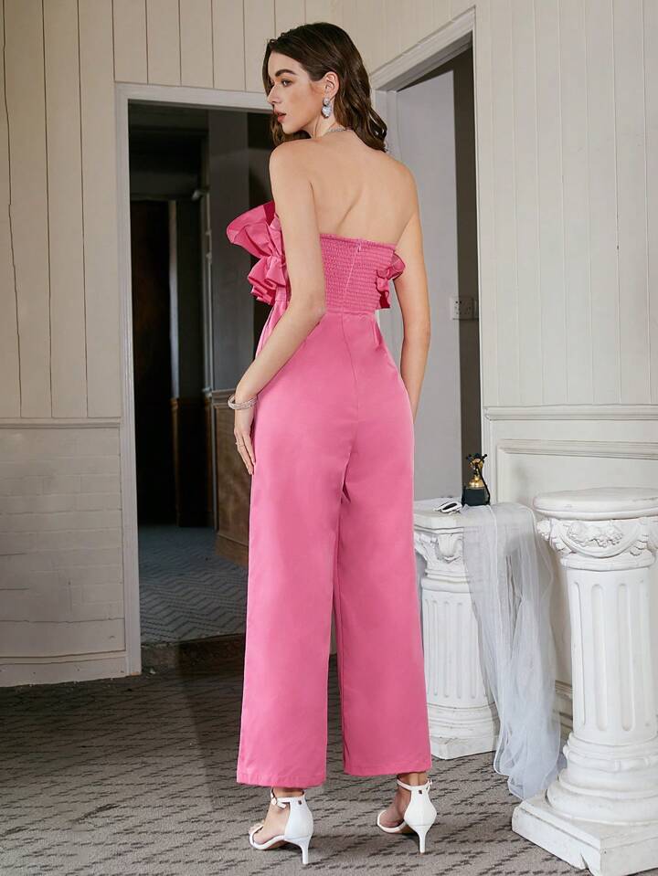 CM-JS829863 Women Elegant Seoul Style Ruffled Strapless High Waist Jumpsuit - Pink