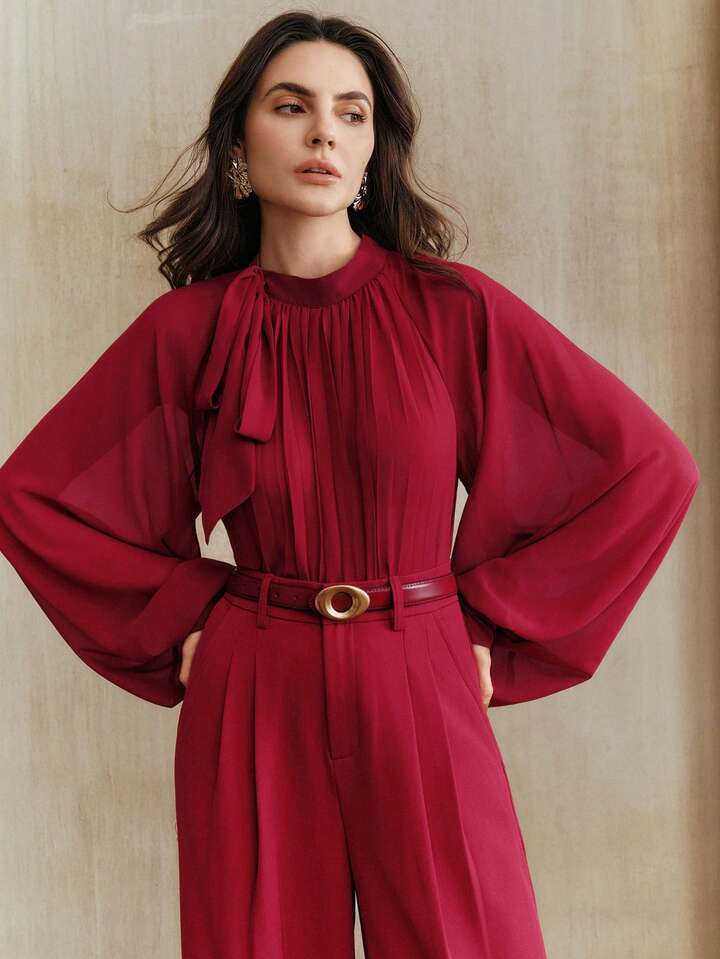CM-TS234044 Women Elegant Seoul Style Pleated Bow Tie Long Sleeve Pullover Blouse - Burgundy