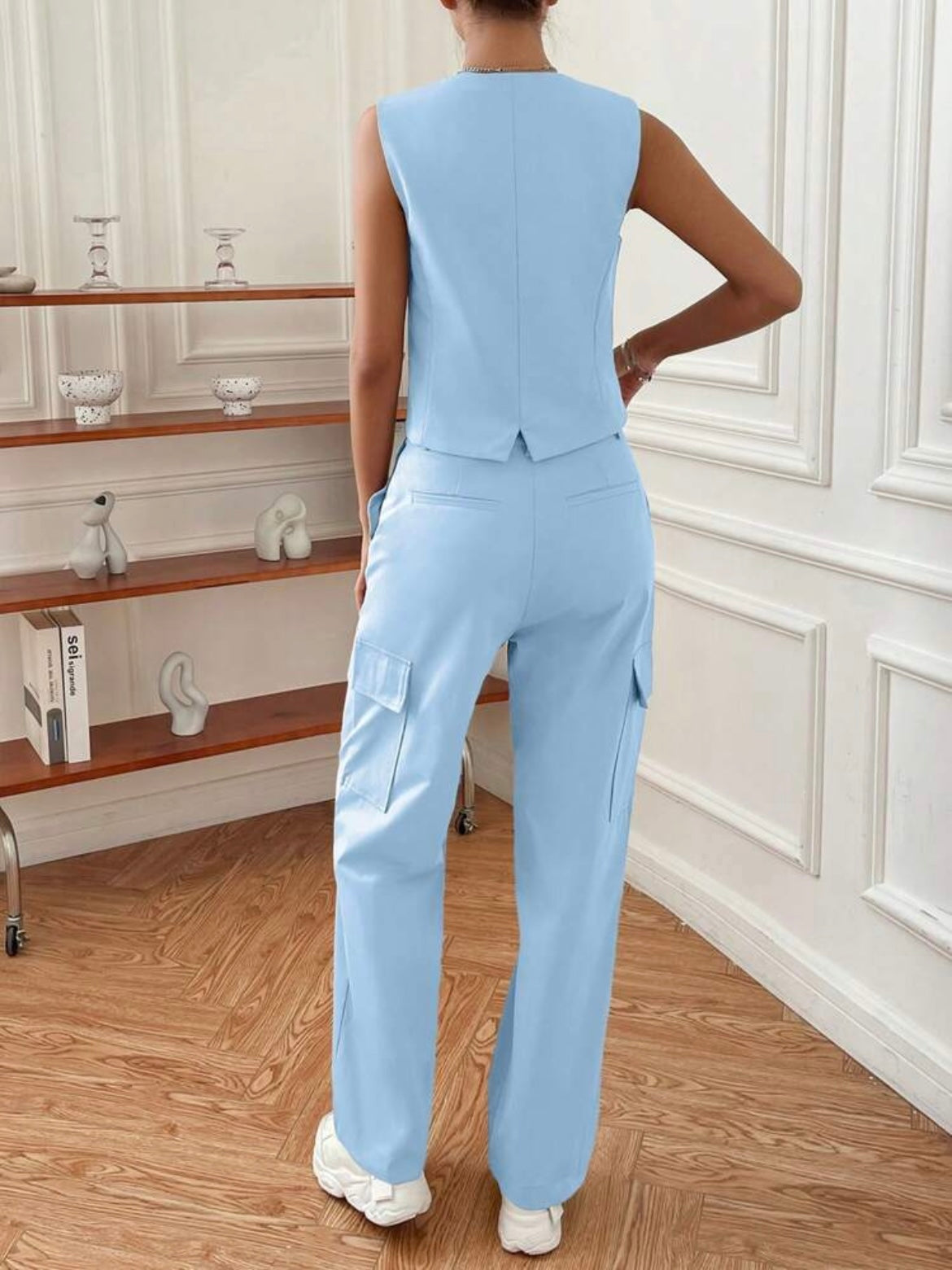 CM-SS755162 Women Elegant Seoul Style V-Neck Sleeveless Vest With Pocket Design Pants - Baby Blue