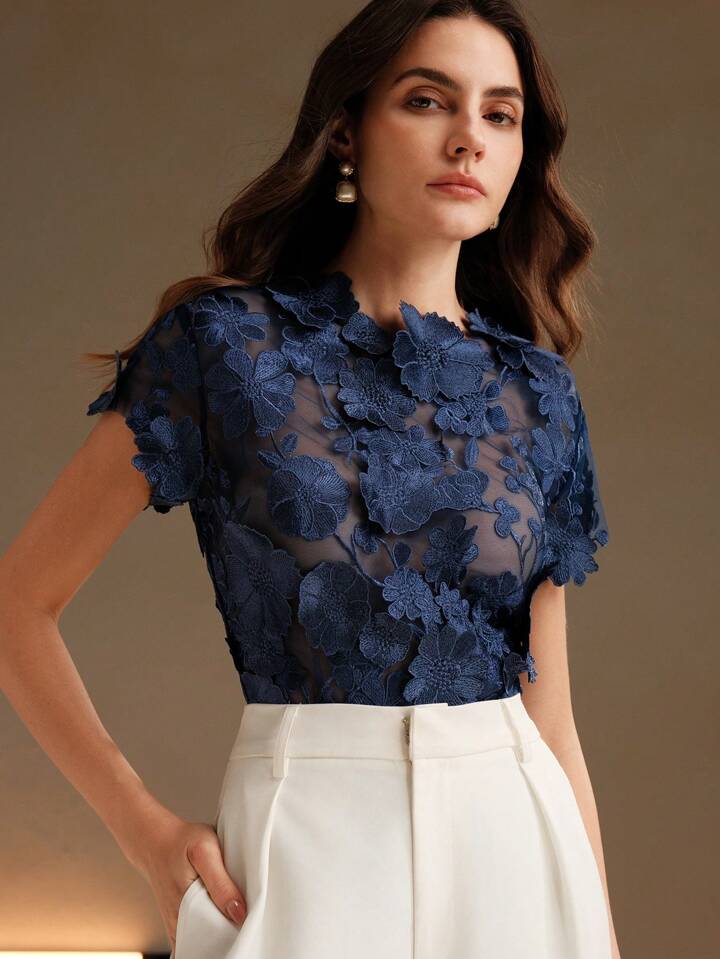 CM-TS154467 Women Elegant Seoul Style Round Neck Flounce Sleeve Embroidery Floral Applique Blouse - Navy Blue